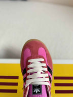 Adidas x Gucci Gazelle Sneaker in Pink Suede with Black Stripes and Green Heel Tab