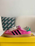Adidas x Gucci Gazelle Sneaker in Pink Suede with Black Stripes and Green Heel Tab