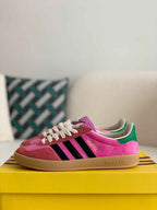 Adidas x Gucci Gazelle Sneaker in Pink Suede with Black Stripes and Green Heel Tab