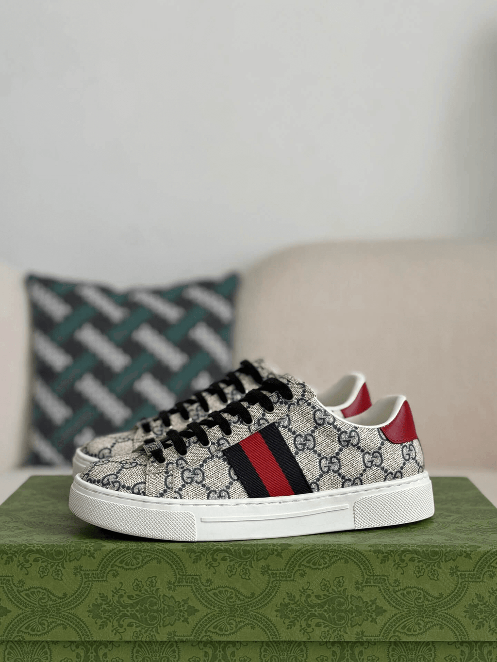 Gucci Ace Sneaker GG Supreme Canvas with Web Stripe and Red Heel Tab