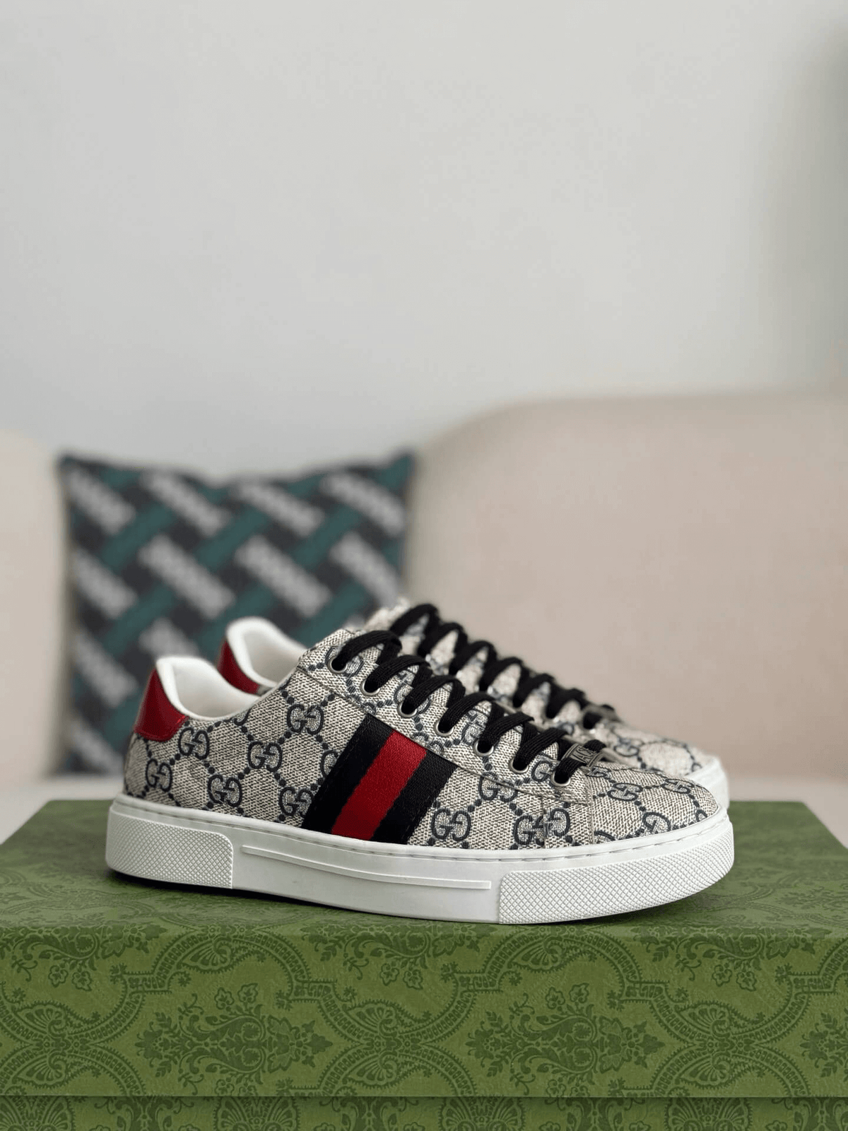 Gucci Ace Sneaker GG Supreme Canvas with Web Stripe and Red Heel Tab