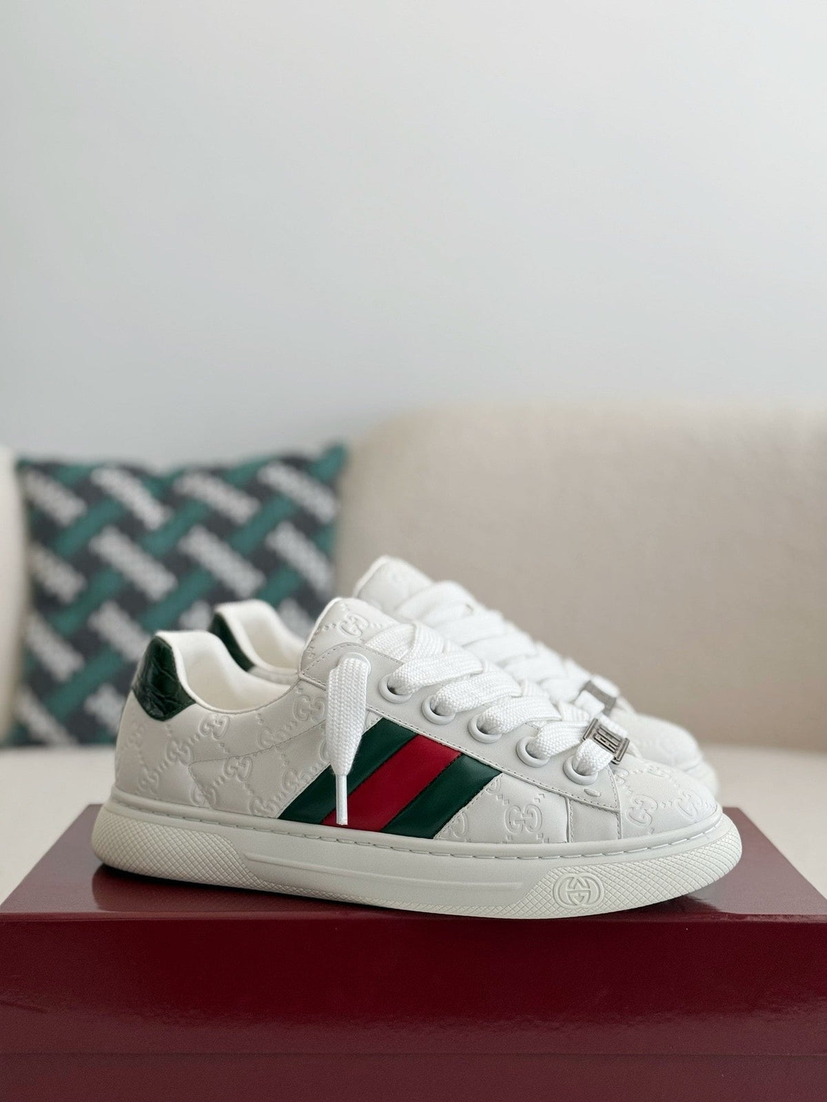 Gucci Ace Sneaker GG Embossed White Leather with Web Stripe and Green Croc Heel Tab