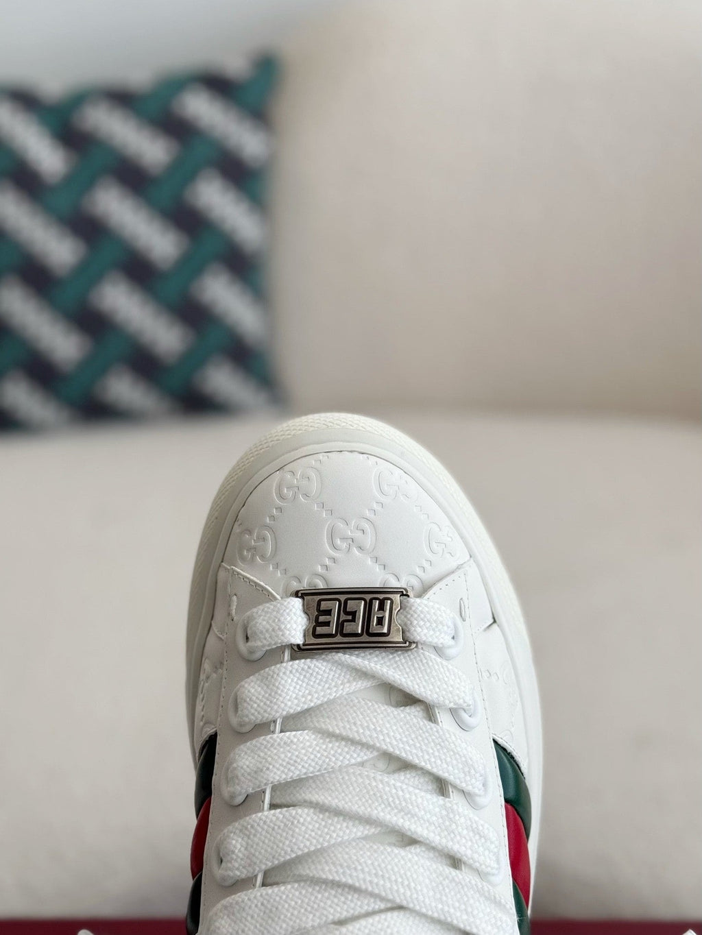 Gucci Ace Sneaker GG Embossed White Leather with Web Stripe and Green Croc Heel Tab