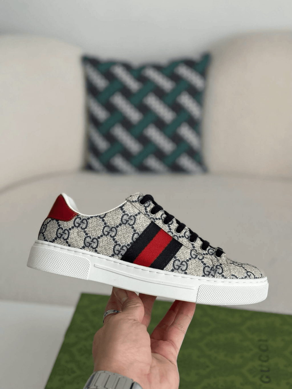 Gucci Ace Sneaker GG Supreme Canvas with Web Stripe and Red Heel Tab