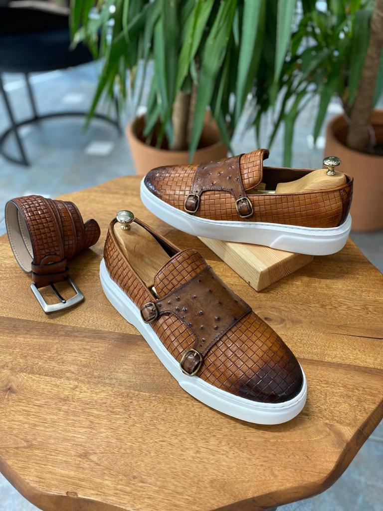 Handcrafted Camel Double Buckle Leather Sneakers