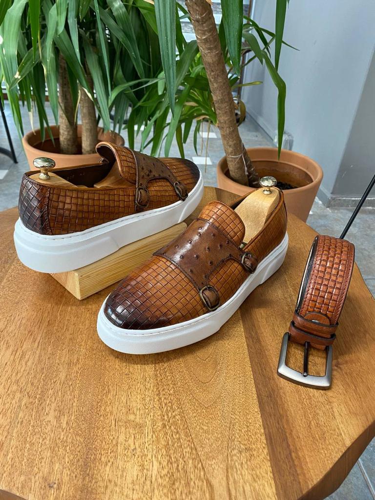 Handcrafted Camel Double Buckle Leather Sneakers