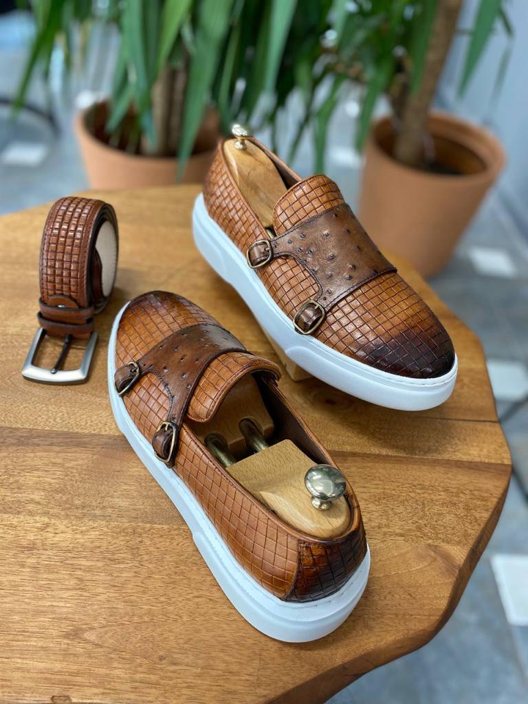 Handcrafted Camel Double Buckle Leather Sneakers