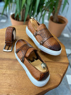 Handcrafted Camel Double Buckle Leather Sneakers