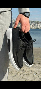Lucca Moc-Toe Sneaker — Black Pebbled Leather