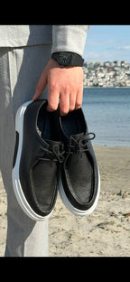 Lucca Moc-Toe Sneaker — Black Pebbled Leather
