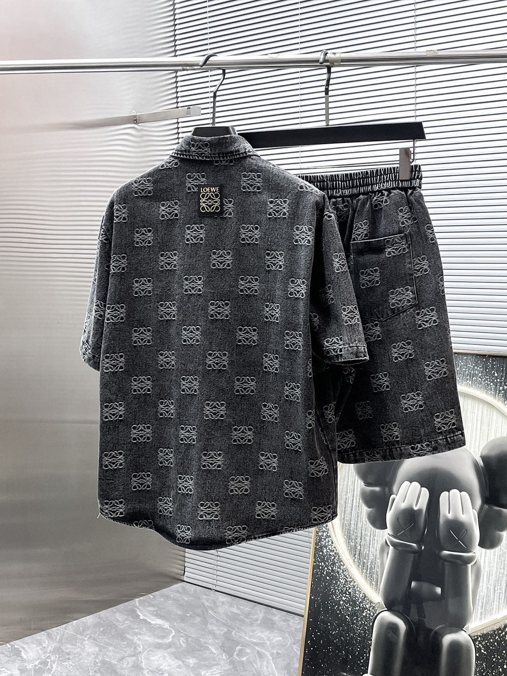 Loewe Allover Anagram Denim Set - Charcoal Black Short-Sleeved Shirt & Shorts Co-ord Set