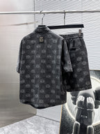 Loewe Allover Anagram Denim Set - Charcoal Black Short-Sleeved Shirt & Shorts Co-ord Set