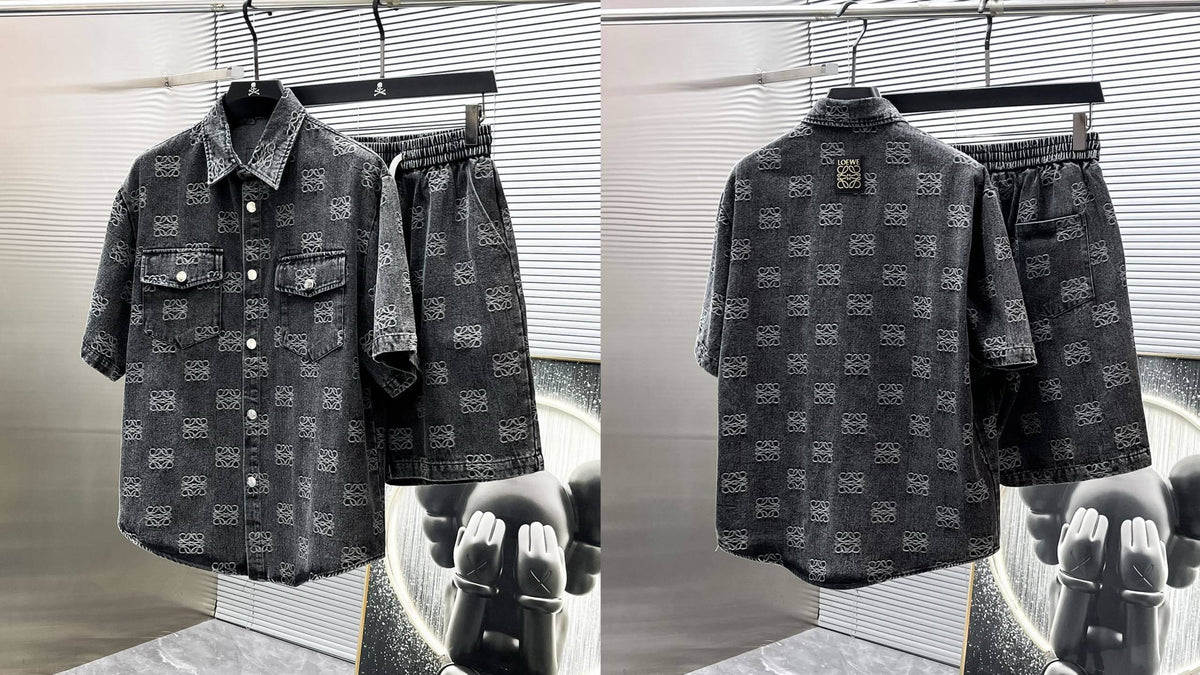 Loewe Allover Anagram Denim Set - Charcoal Black Short-Sleeved Shirt & Shorts Co-ord Set