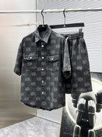 Loewe Allover Anagram Denim Set - Charcoal Black Short-Sleeved Shirt & Shorts Co-ord Set