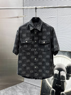 Loewe Allover Anagram Denim Set - Charcoal Black Short-Sleeved Shirt & Shorts Co-ord Set