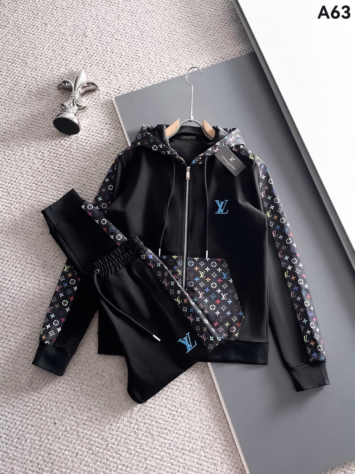 Louis Vuitton LV Multicolor Monogram Tracksuit - Black Graphic Stripe Zip Hoodie Set