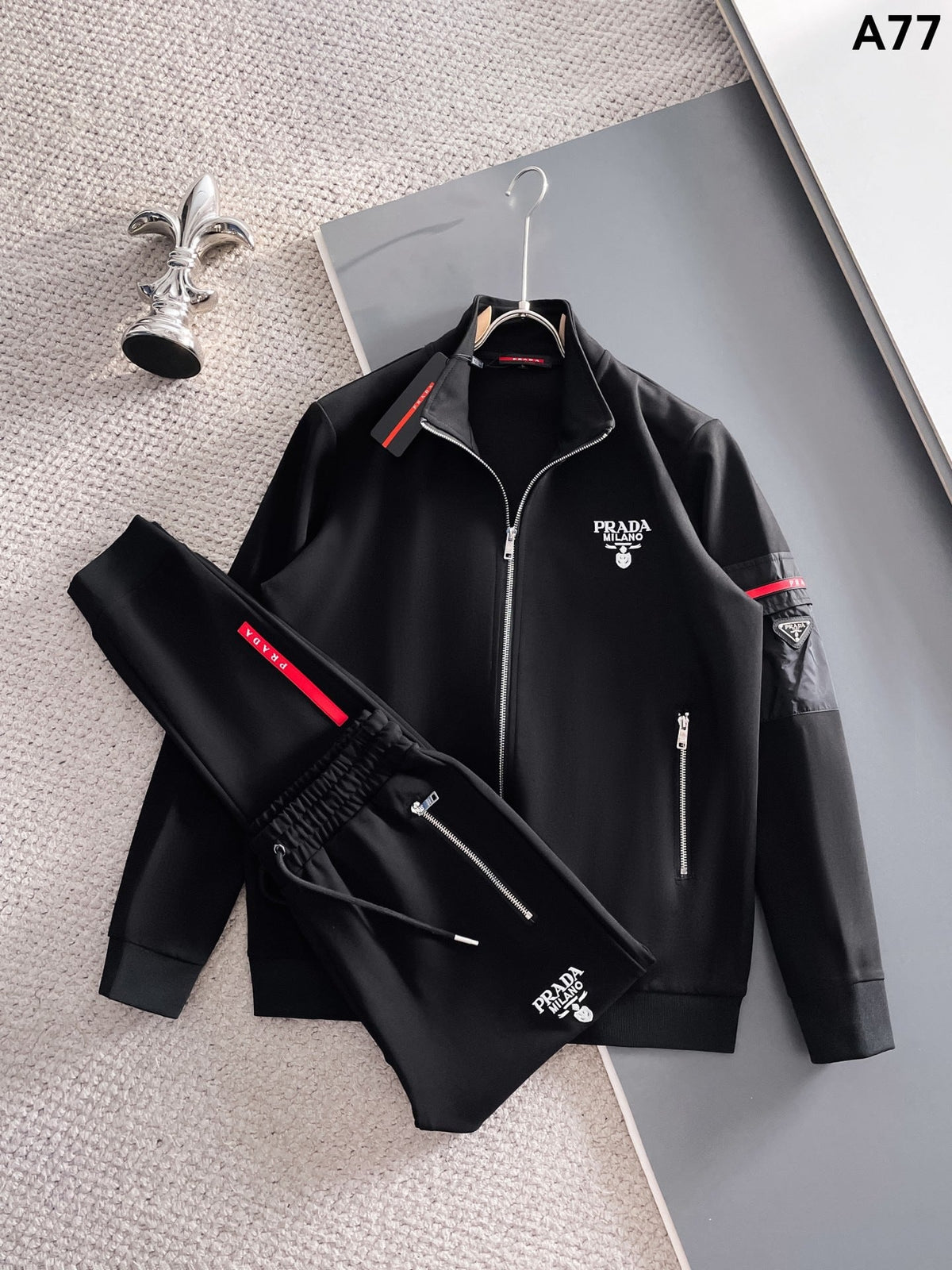 Prada Linea Rossa Tracksuit Set - Black Technical Knit Cargo Jacket & Joggers