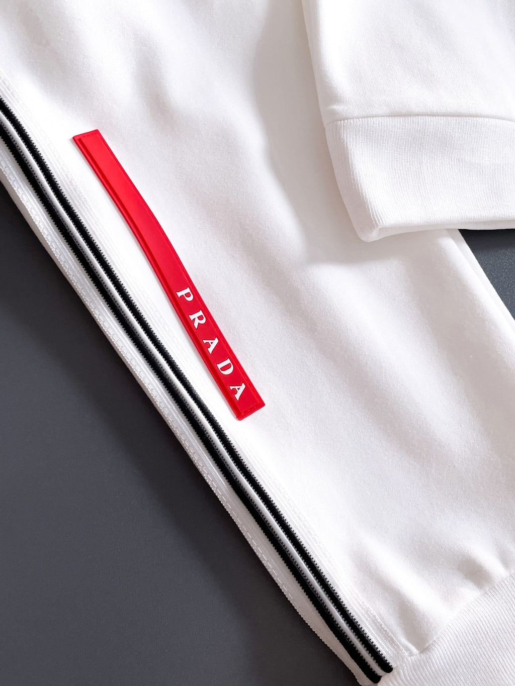 Prada Linea Rossa Tracksuit Set - White Technical Knit Stripe Zip Jacket & Pants