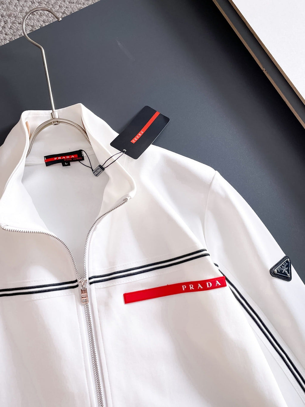 Prada Linea Rossa Tracksuit Set - White Technical Knit Stripe Zip Jacket & Pants