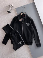 Prada Milano Tracksuit Set - Black Technical Knit Piping Zip Jacket & Pants