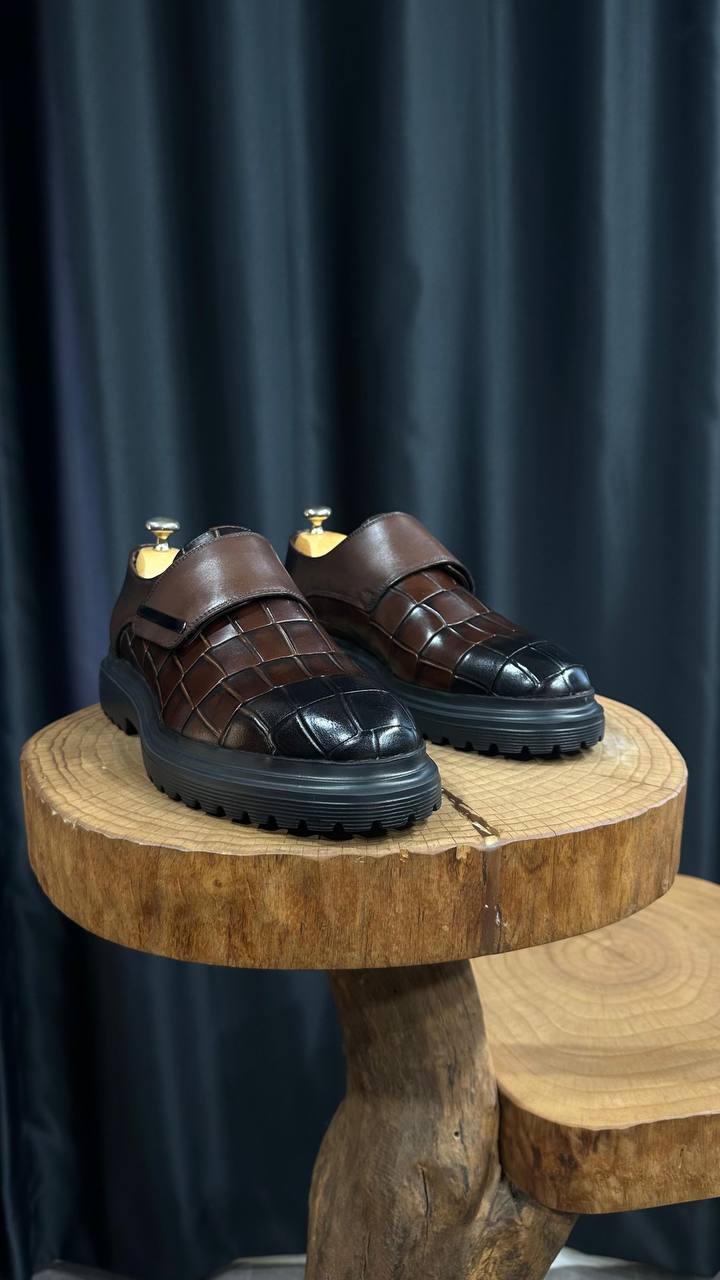 Saint-Tropez Monk Strap — Brown Croc-Embossed