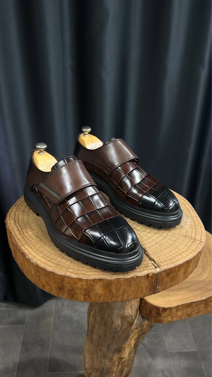 Saint-Tropez Monk Strap — Brown Croc-Embossed