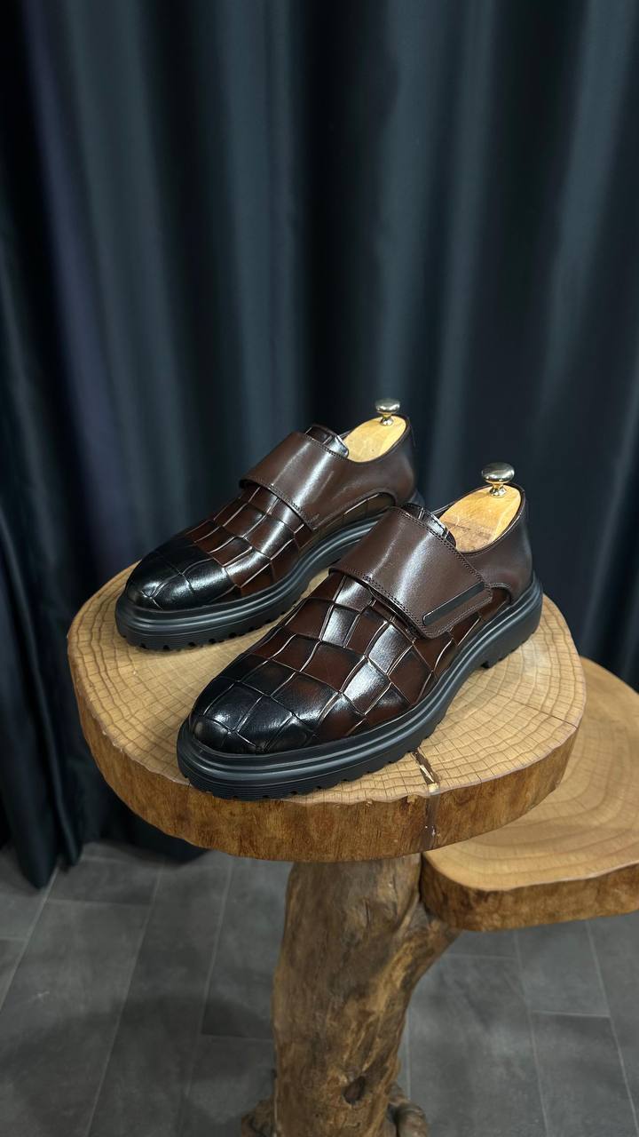 Saint-Tropez Monk Strap — Brown Croc-Embossed