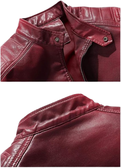 Laliya Wine Red Faux Leather Biker Jacket with Quilted Shoulders