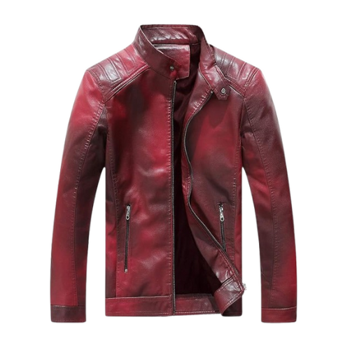 Laliya Wine Red Faux Leather Biker Jacket with Quilted Shoulders