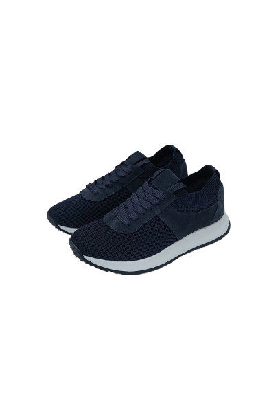 Laliya Navy Blue Breathable Knit and Suede Low-Top Sneakers
